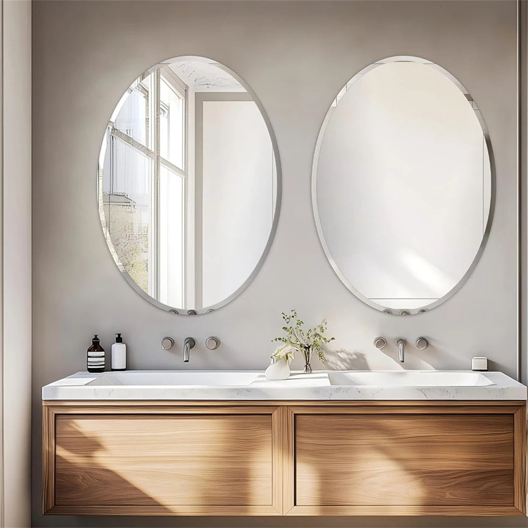 Frameless Oval Wall Mirror with Beveled Silver Edge – High-Definition Elliptical Vanity Mirror for Bathroom, Bedroom & Living Room