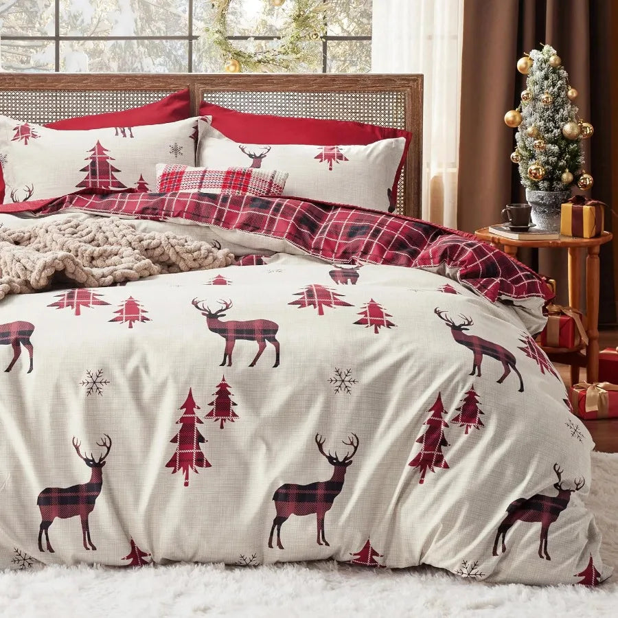 Christmas Buffalo Check Duvet Cover Set – Reversible Holiday Plaid Bedding, 3-Piece (Queen)