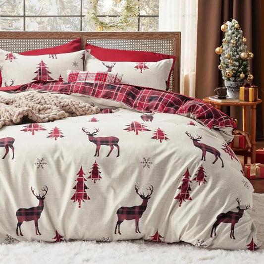 Christmas Buffalo Check Duvet Cover Set – Reversible Holiday Plaid Bedding, 3-Piece (Queen)