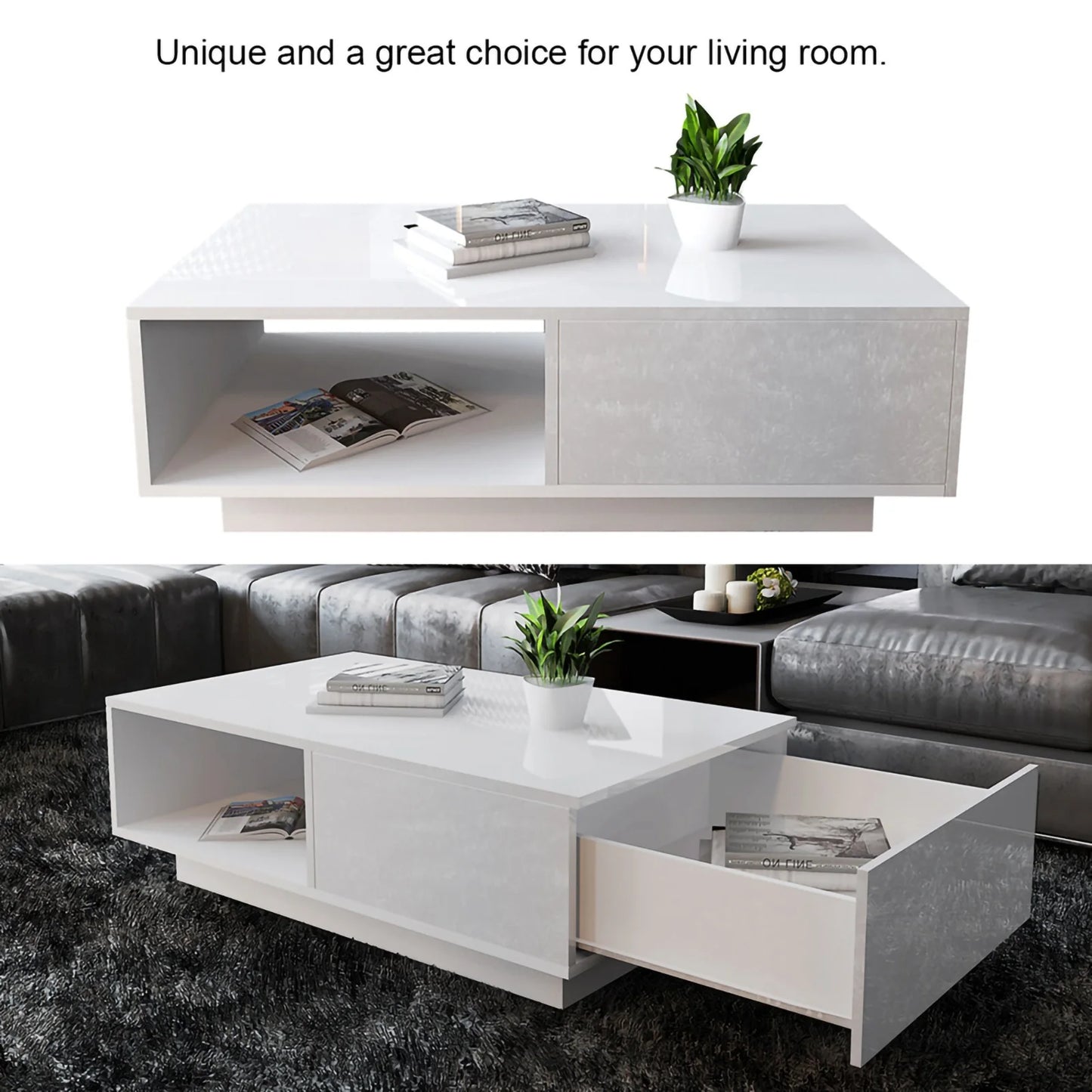 Modern High-Gloss Rectangular Coffee Table – LED Light & Remote