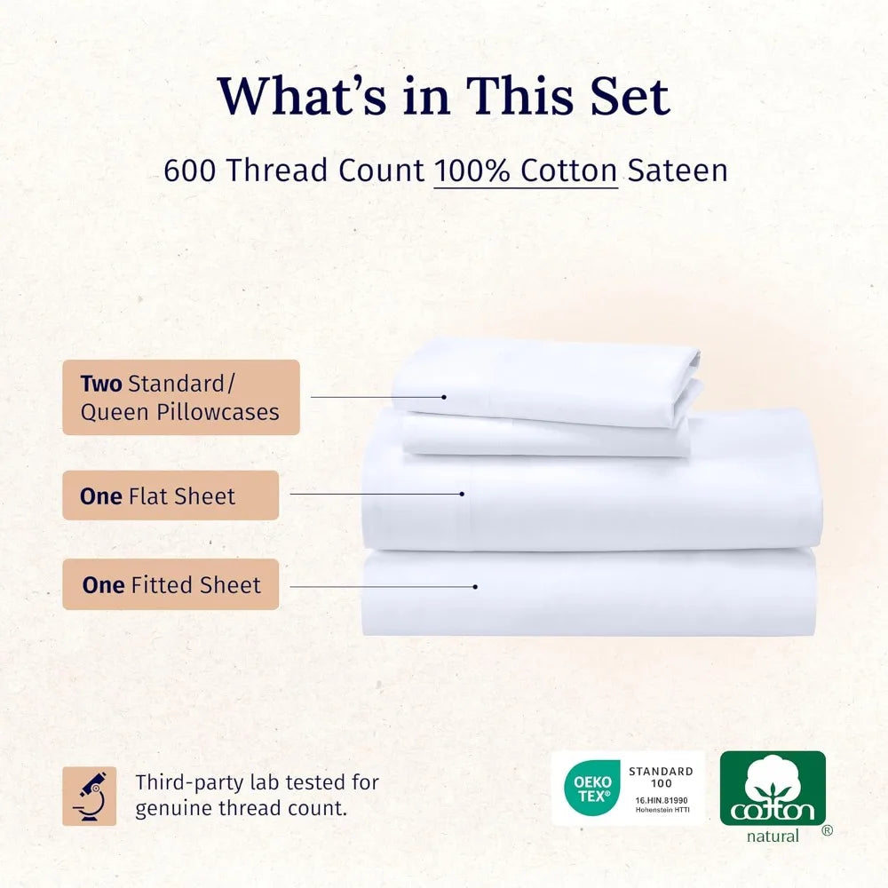 Luxury 600 TC Cotton Sateen Sheet Set – Queen Size, Deep Pocket