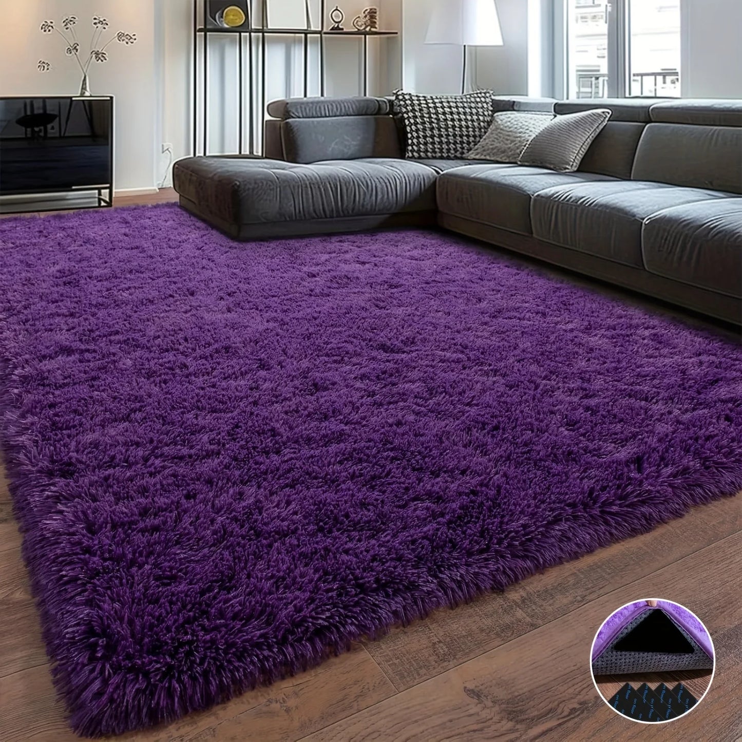 Purple Soft Shaggy Non-Slip Rug – Plush Area Carpet with 4 Stickers
