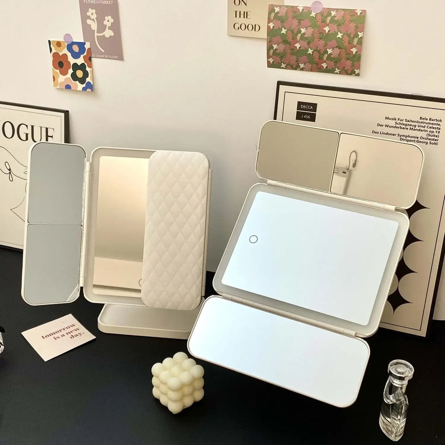 Trifold LED Makeup Mirror – Adjustable Light & Magnification ✨