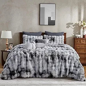 Luxury Faux Rabbit Fur Comforter Set – King Size Tie-Dye Grey Bedding with Pillow Shams