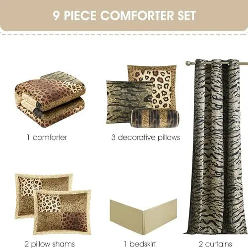 Brown & Gold Leopard King Comforter Set – 9-Piece Safari Animal Print Bedding with Bed Skirt, Pillows & Curtains