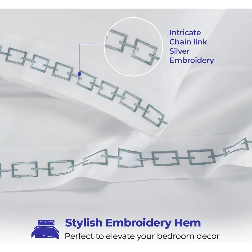 White & Silver Chain Link Embroidered 100% Cotton King Sheet Set | Luxury Sateen Bedding