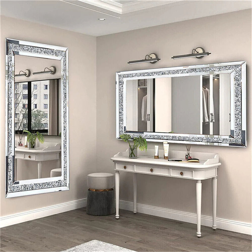 Large Diamond Decorative Wall Mirror – Crushed Crystal Full-Length Design