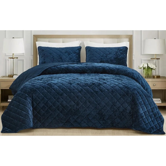 Luxurious Navy Blue Velvet Quilt Set – Plush, Lightweight & All-Season Comfort