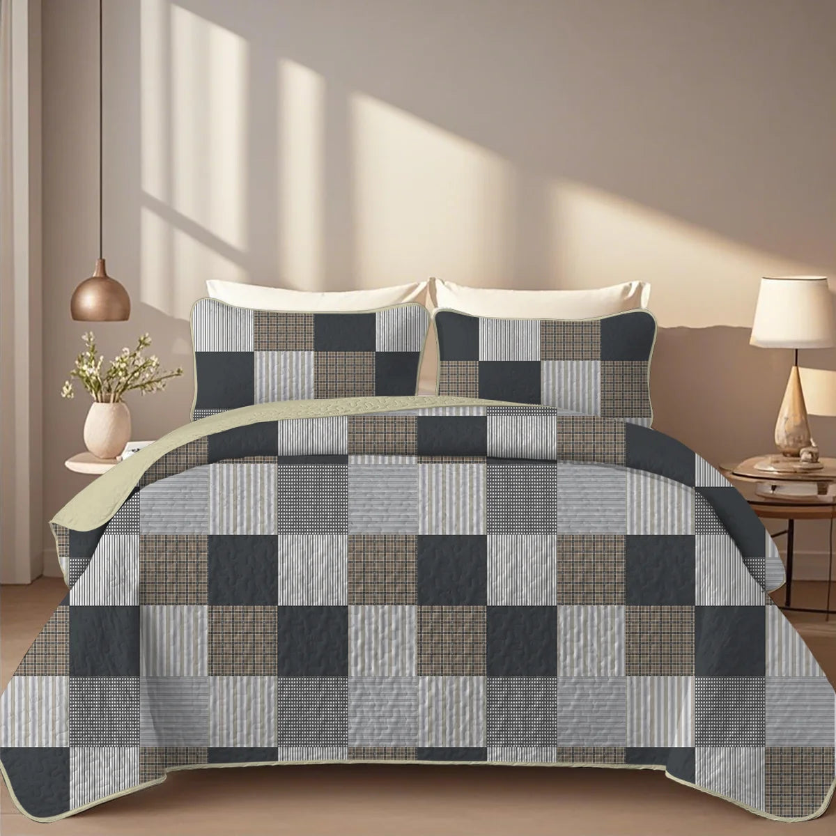 Geometric Grid Quilt Set – Lightweight Summer Bedding