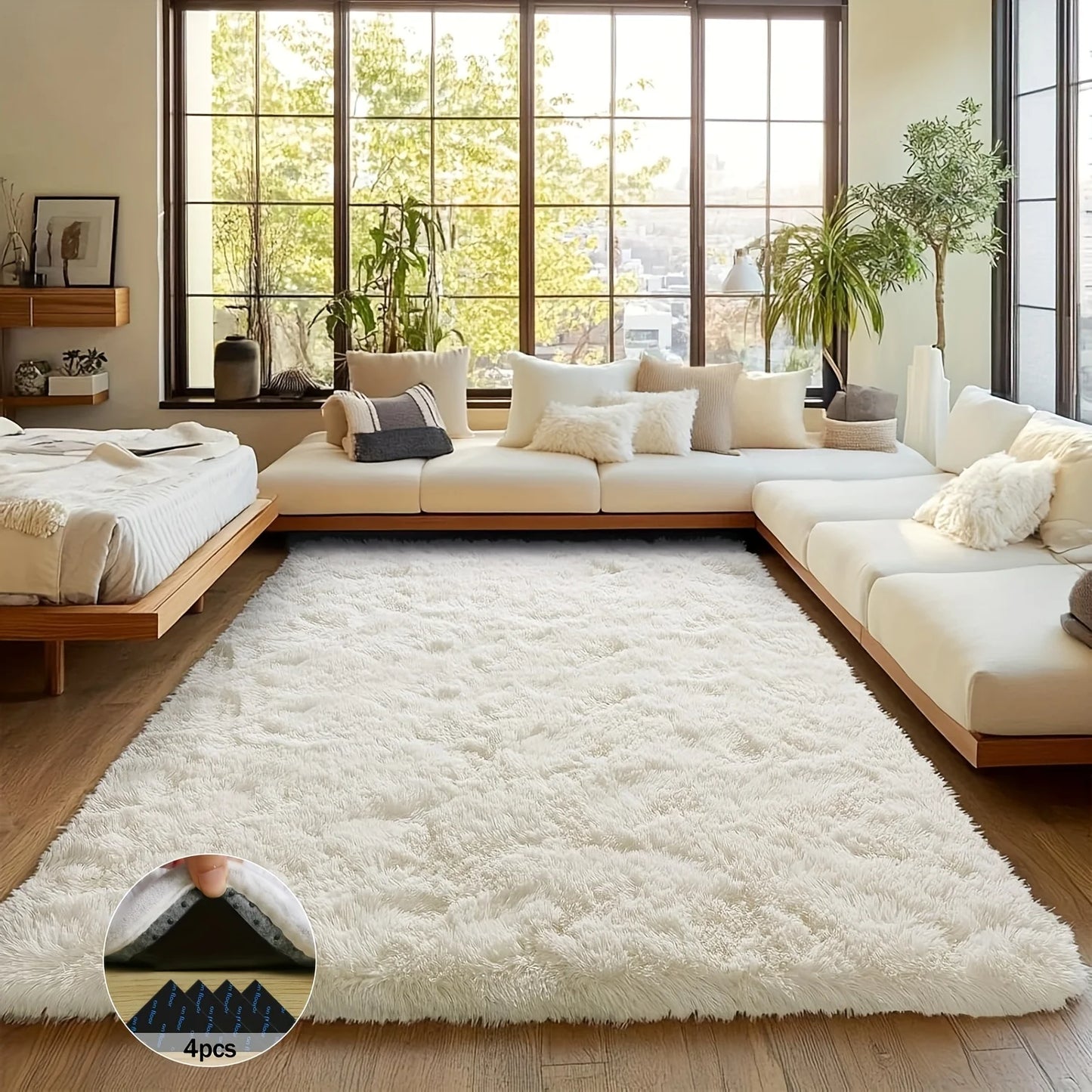 Off-White Soft Shag Rug Luxury Plush Non-Slip Carpet with 4 Stickers