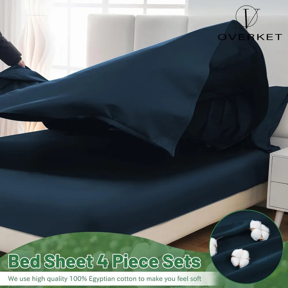 Luxury 100% Egyptian Cotton Queen Sheet Set – 4-Piece Deep Pocket Bed Sheets