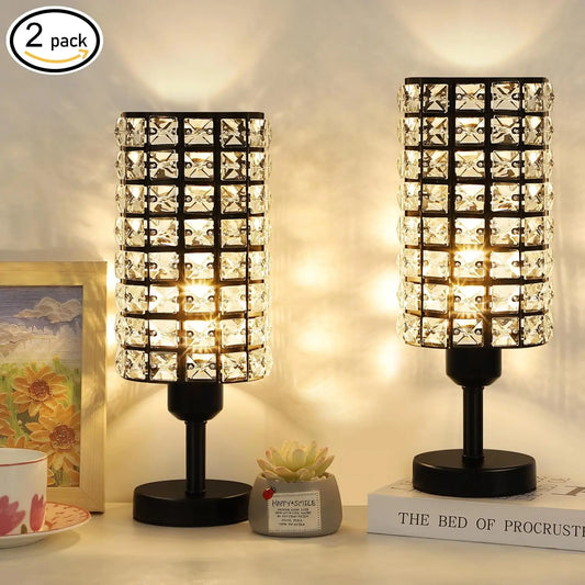 Set of 2 Black Crystal Table Lamps – Modern Bedside & Desk Lamps for Living Room