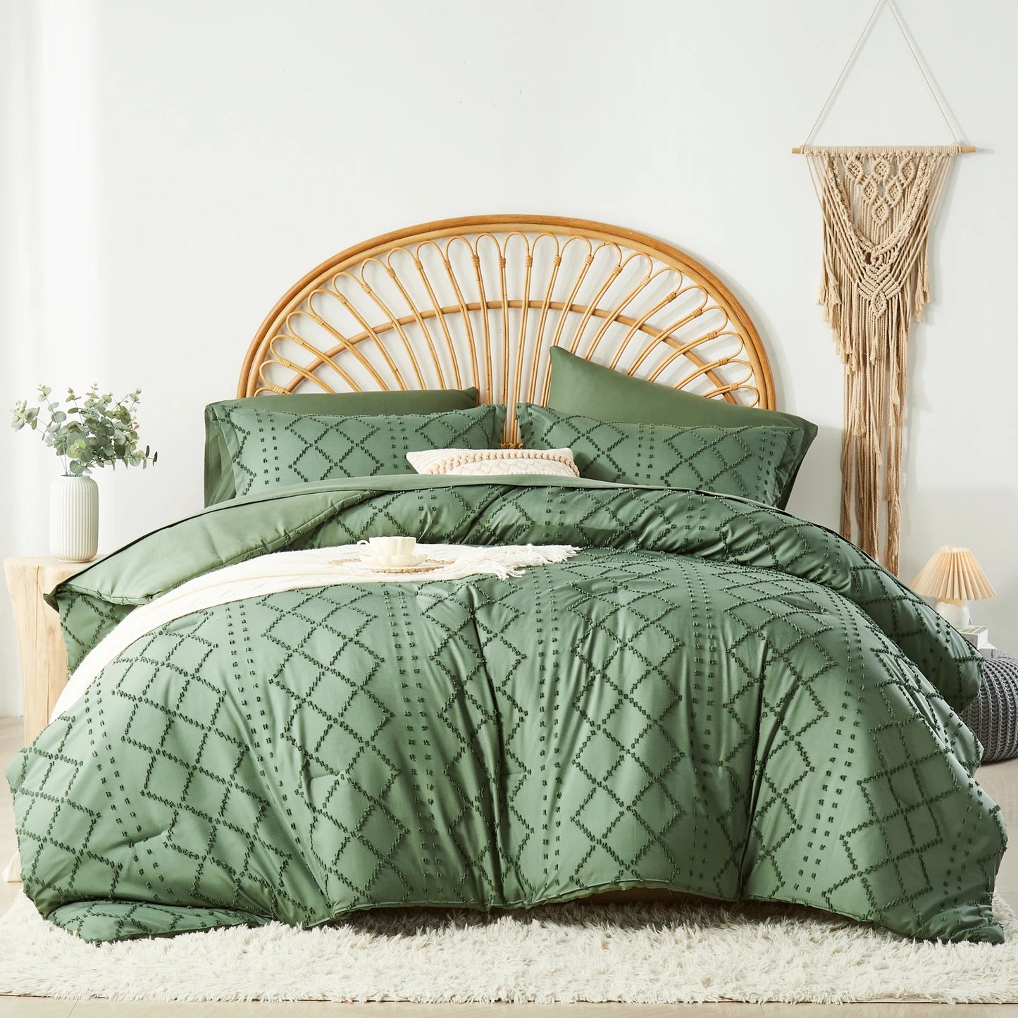 Tufted Boho Comforter Set – Farmhouse Shabby Chic Embroidery, Soft Jacquard