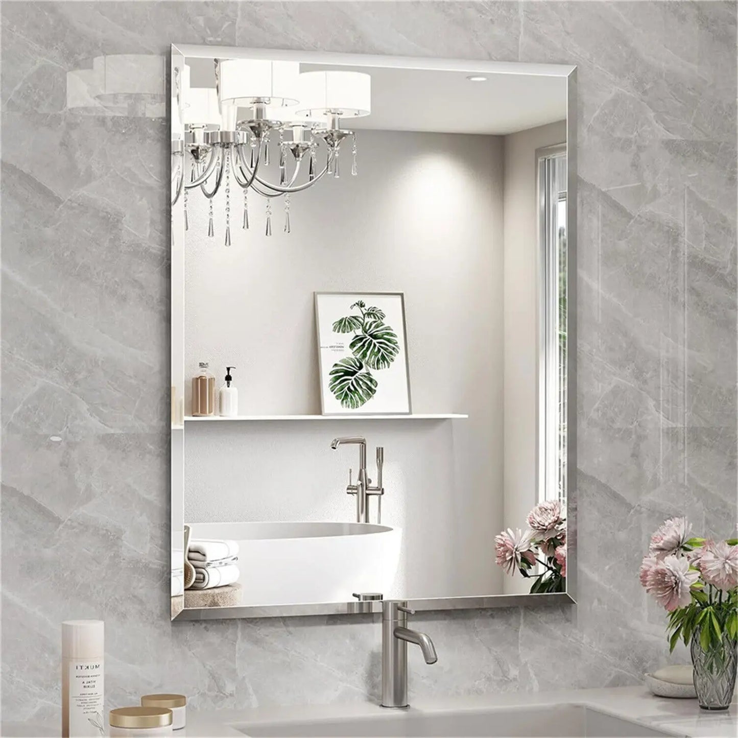 Rectangular Frameless Wall Mirror with Beveled Silver Edge – Modern Vanity & Entryway Decor Mirror for Bathroom, Bedroom, Living Room