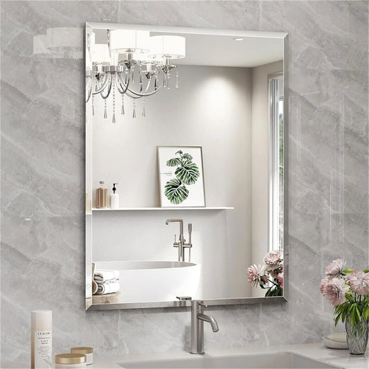 Rectangular Frameless Wall Mirror with Beveled Silver Edge – Modern Vanity & Entryway Decor Mirror for Bathroom, Bedroom, Living Room