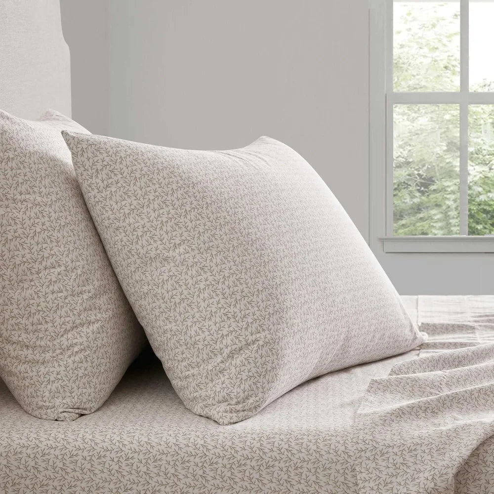 Martha Stewart Home 100% Cotton Percale Sheet Set – Queen Size (Leaves Beige)