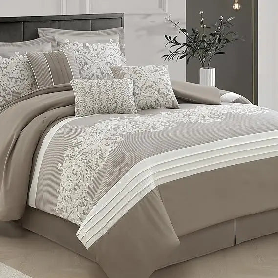 Queen Size Taupe Damask Jacquard Comforter Set – 7-Piece All-Season Soft Bedding Ensemble with Decorative Pillows & Bed Skirt