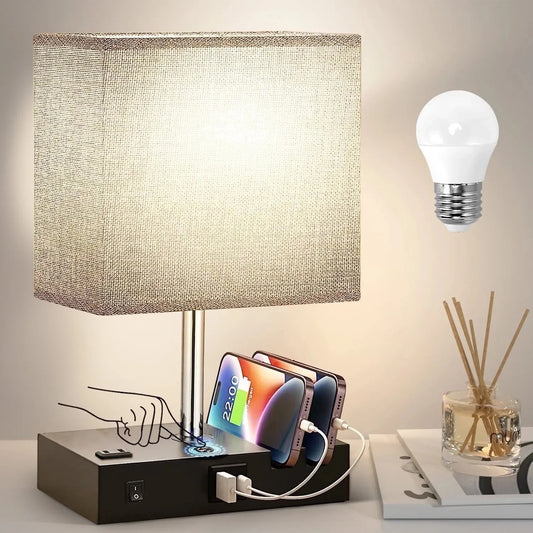 Bedside Table Lamp with USB & AC Outlet – 3-Level Dimmable Touch Desk Lamp
