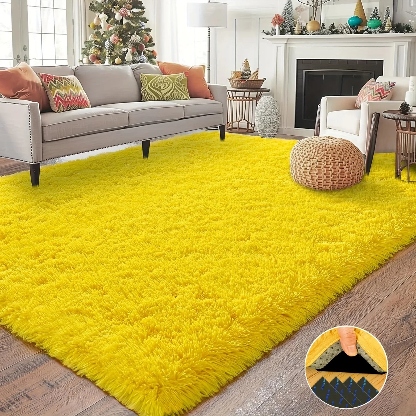 Decor Rug, Yellow Soft Shaggy Non-Slip Rugs – Luxury Plush Carpet with 4 Rug Stickers