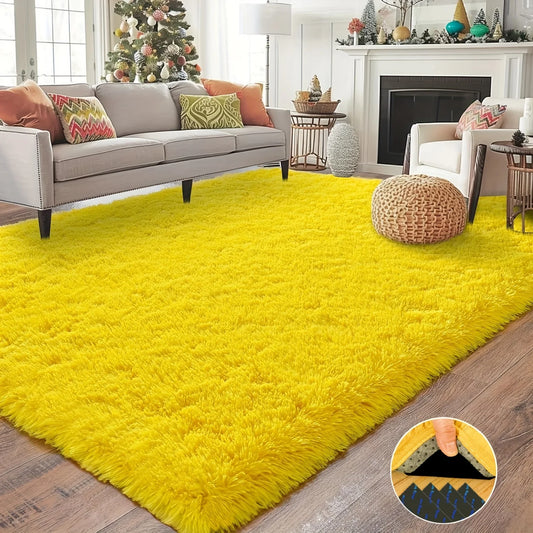 Decor Rug, Yellow Soft Shaggy Non-Slip Rugs – Luxury Plush Carpet with 4 Rug Stickers