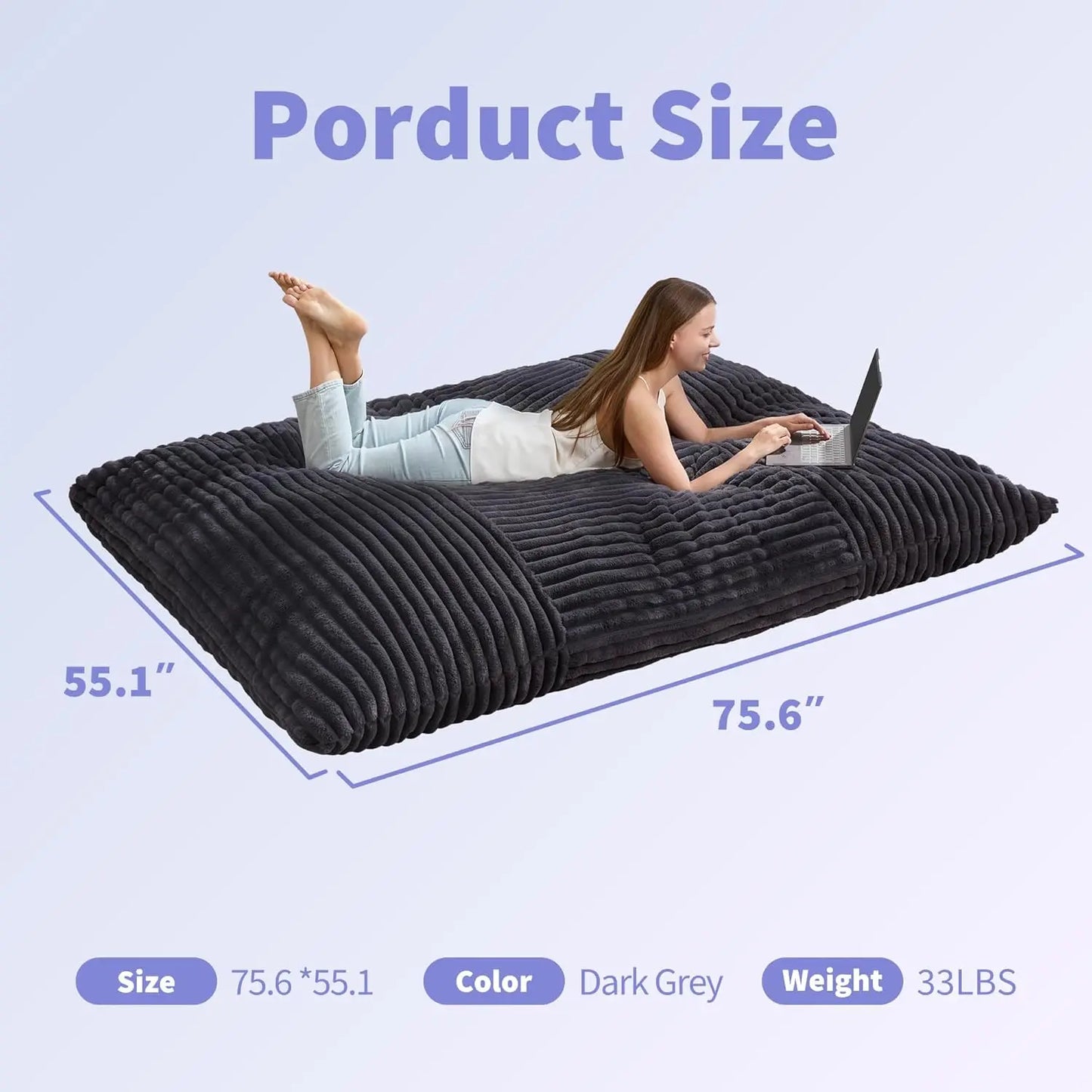 3-in-1 Giant Bean Bag Chair – Convertible Floor Cushion with Washable Cover