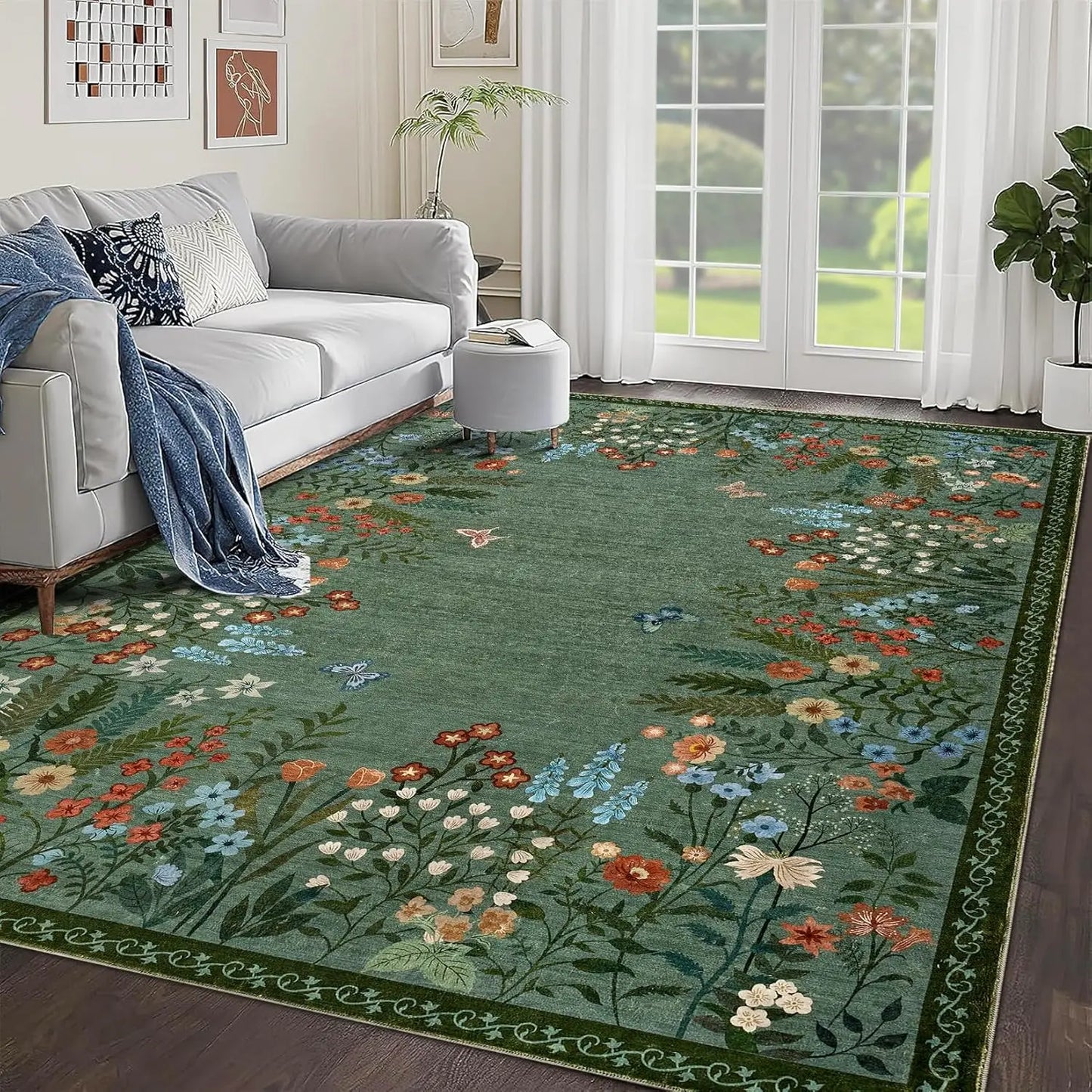 Boho Washable Rugs for Entryway – Soft Floral Area Rug, Non-Slip Indoor Carpet