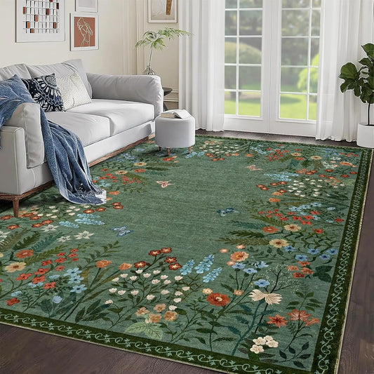 Boho Washable Rugs for Entryway – Soft Floral Area Rug, Non-Slip Indoor Carpet