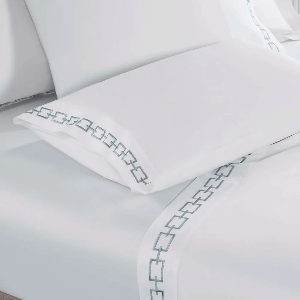 White & Silver Chain Link Embroidered 100% Cotton King Sheet Set | Luxury Sateen Bedding
