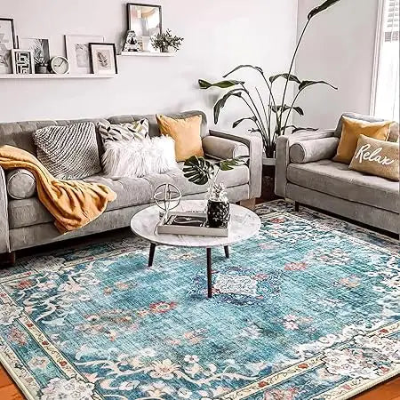 Large 8x10 Bohemian Area Rug – Soft Blue Washable Living Room Carpet with Non-Slip Abstract Design