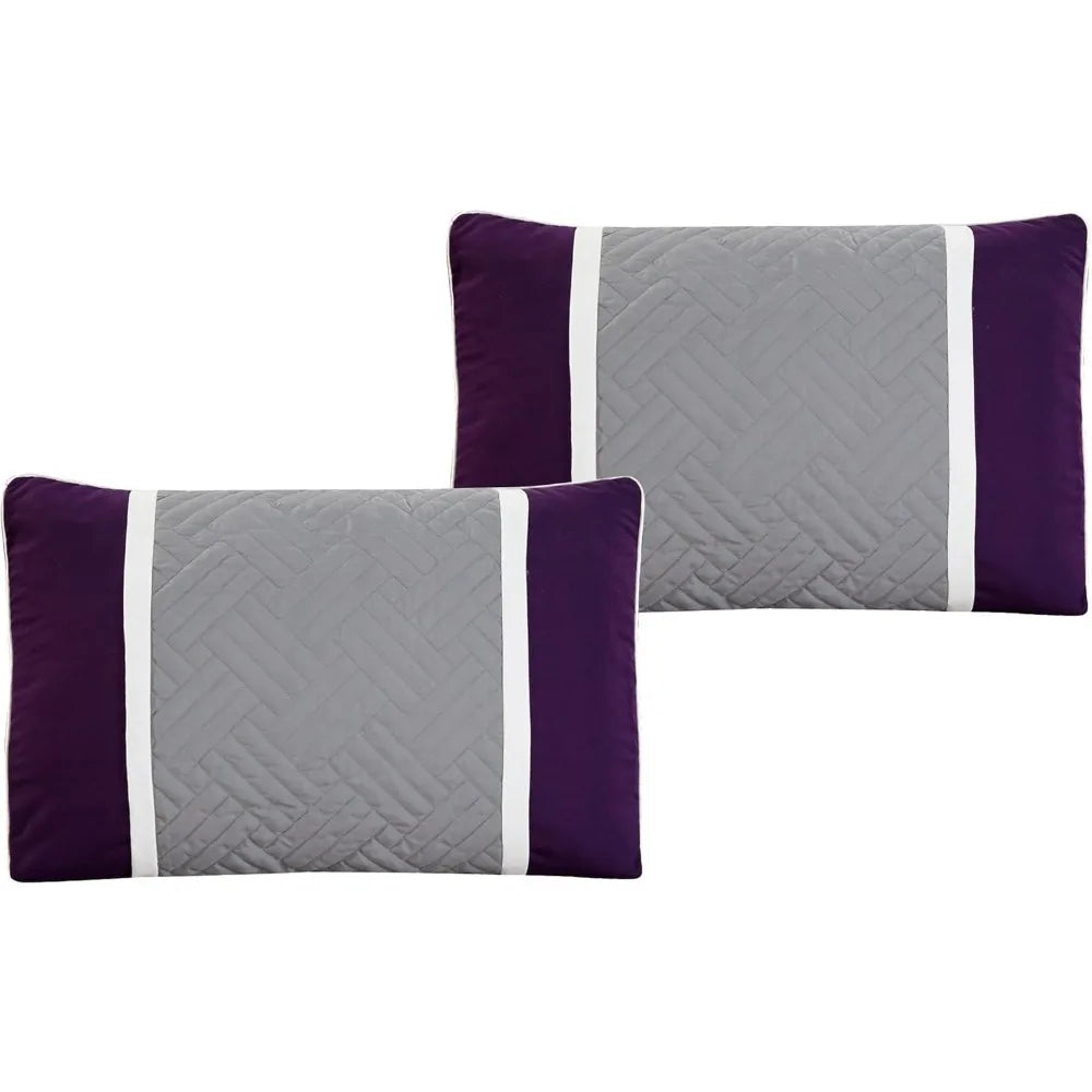 7-Piece Embroidered Oversized Comforter Set – Elegant Purple & Grey All-Season Bedding