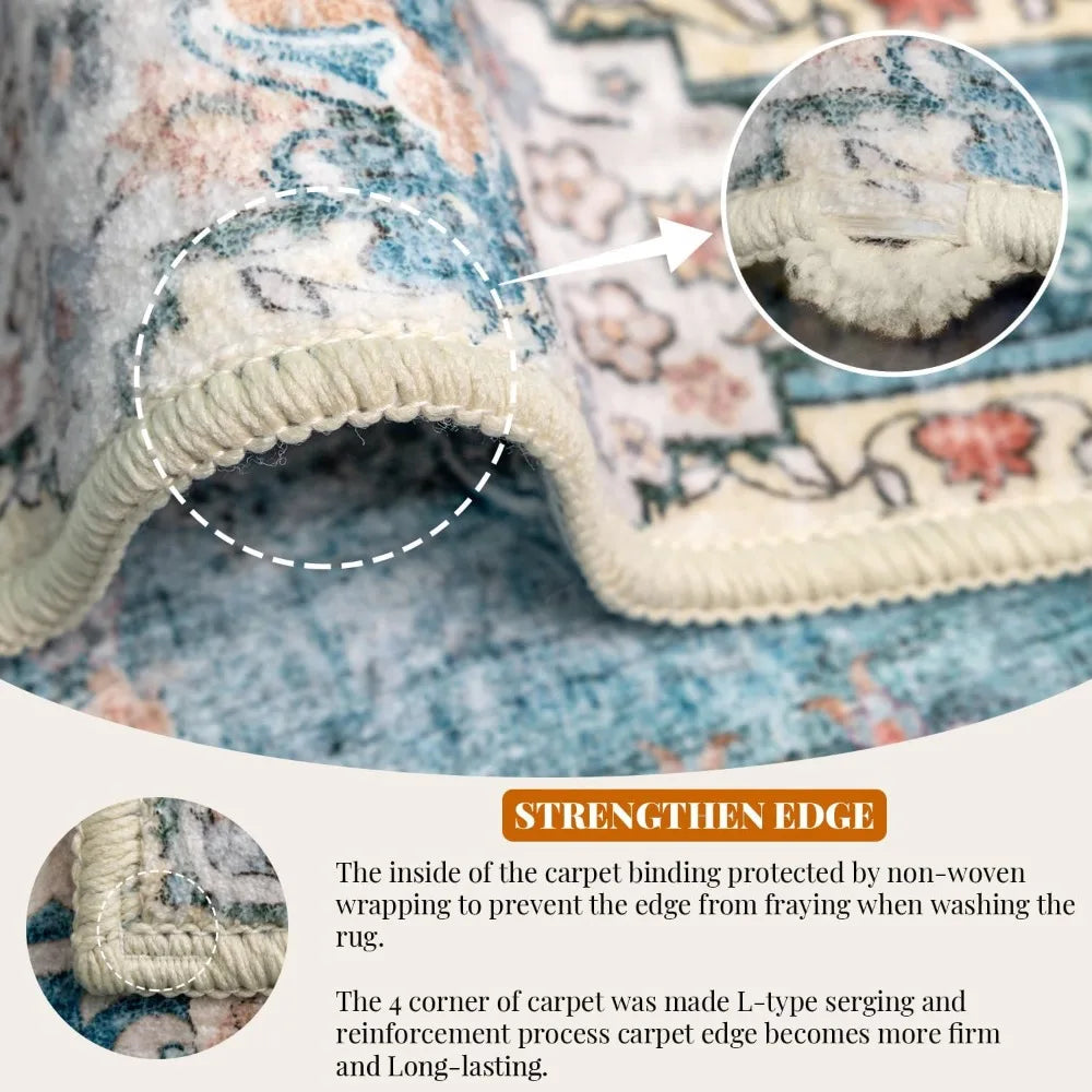 Large 8x10 Bohemian Area Rug – Soft Blue Washable Living Room Carpet with Non-Slip Abstract Design