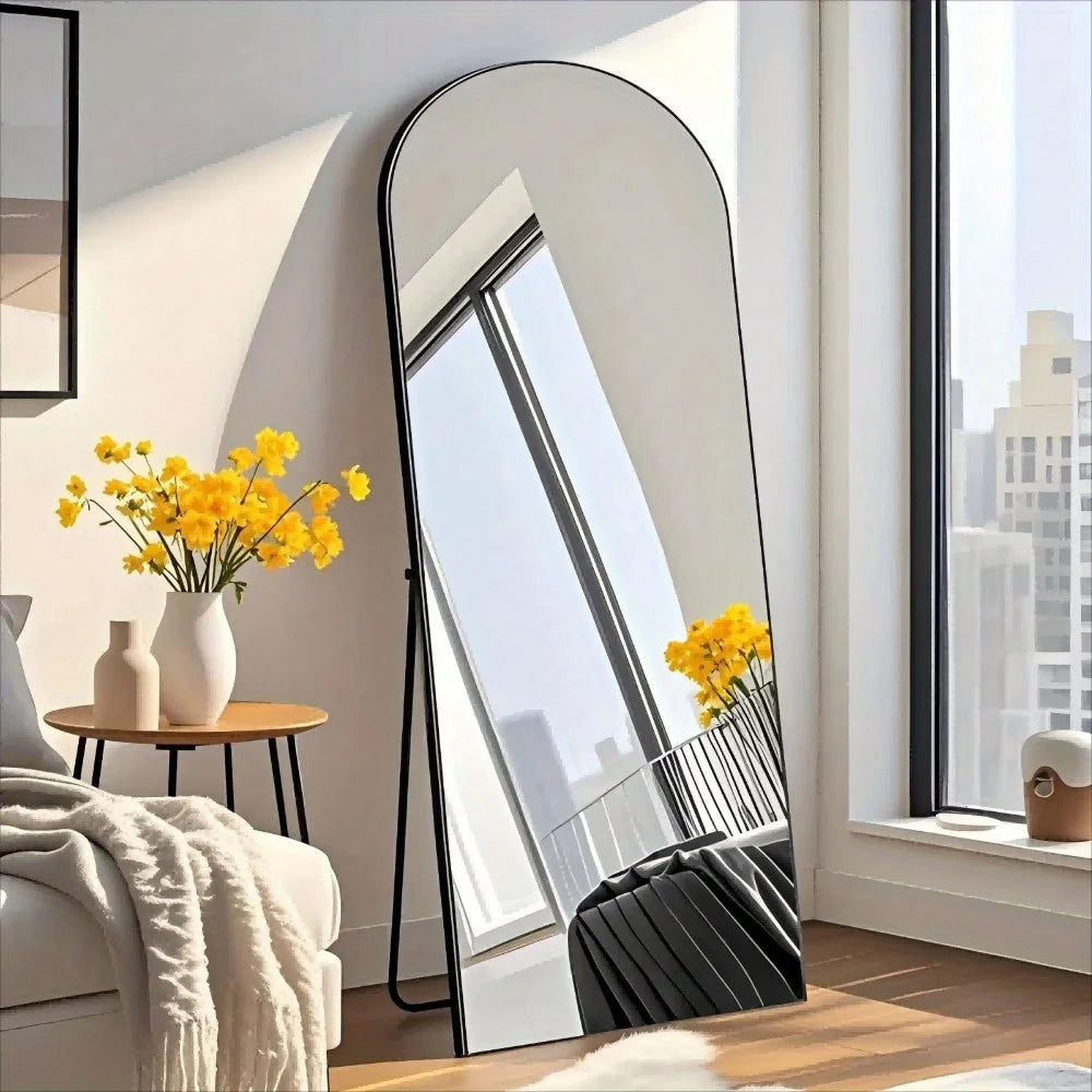 57"X21" Arched Full Length Mirror – Aluminum Alloy Frame Floor & Wall Mirror, Black