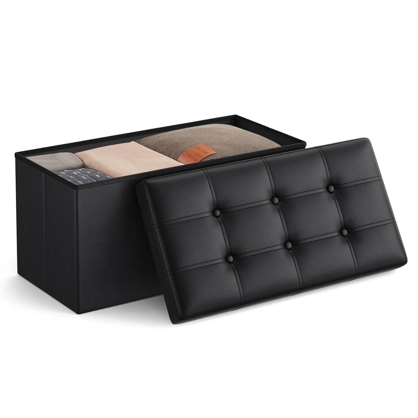 30” Folding Storage Ottoman Bench – Faux Leather Padded Seat