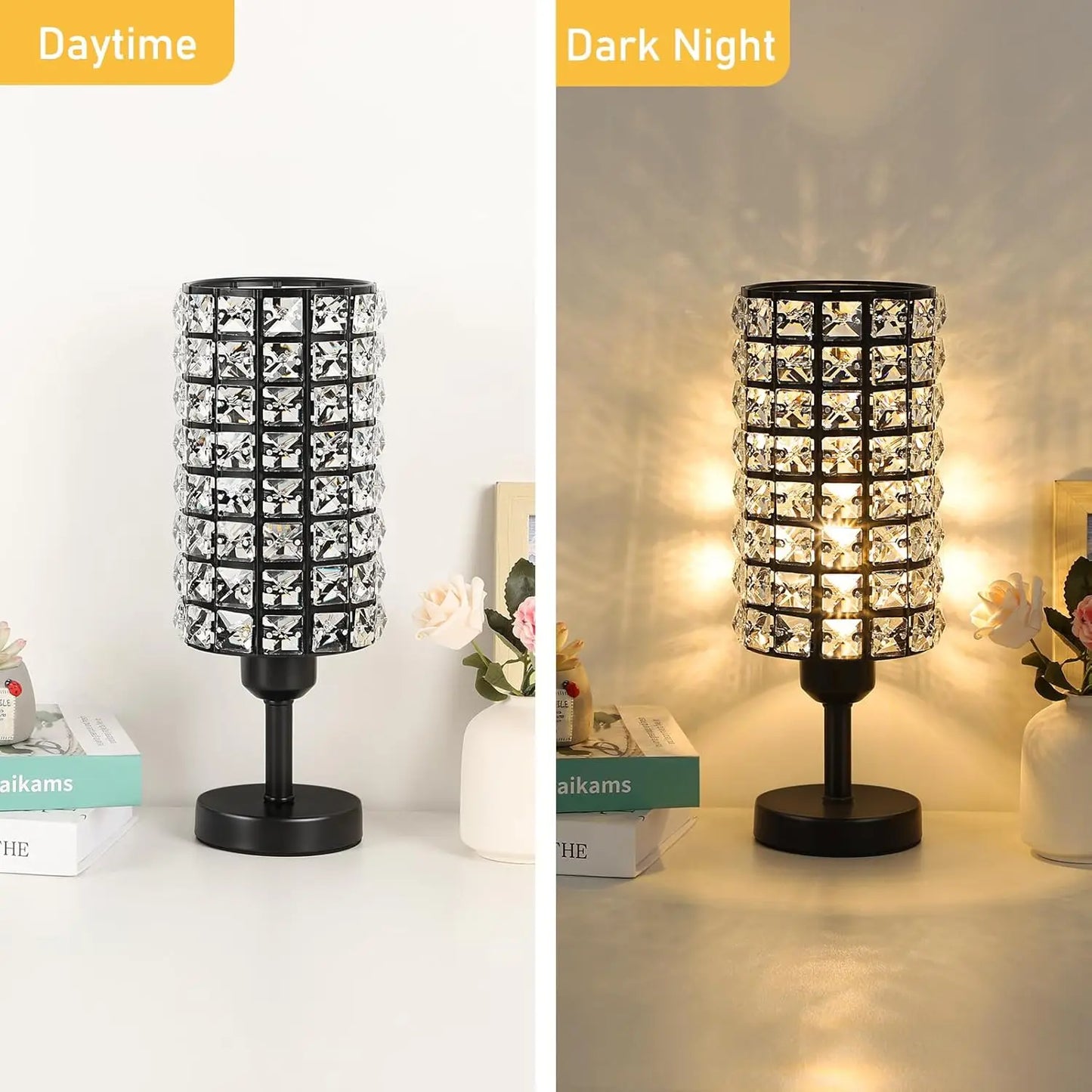 Set of 2 Black Crystal Table Lamps – Modern Bedside & Desk Lamps for Living Room