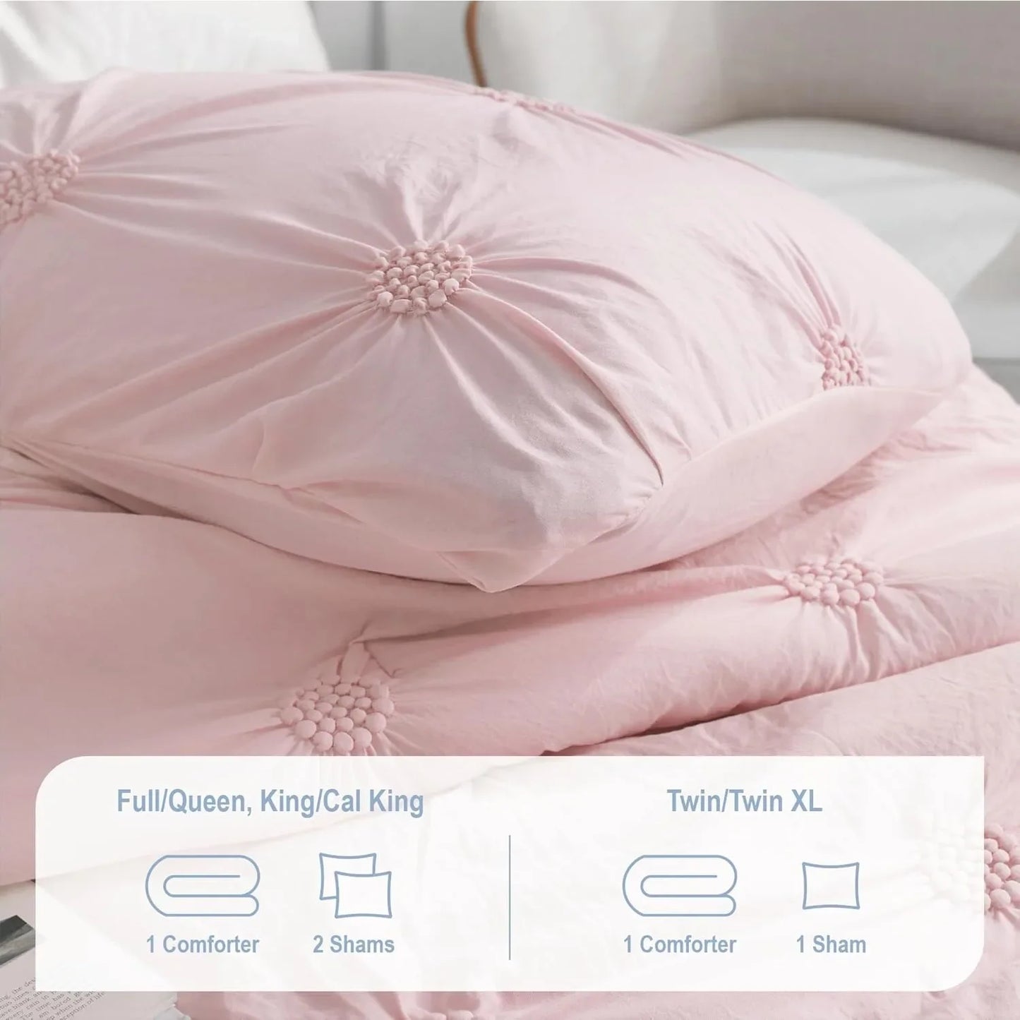 3-Piece Ruched 3D Floral Comforter Set – Soft Rose Blush Pink Bedding