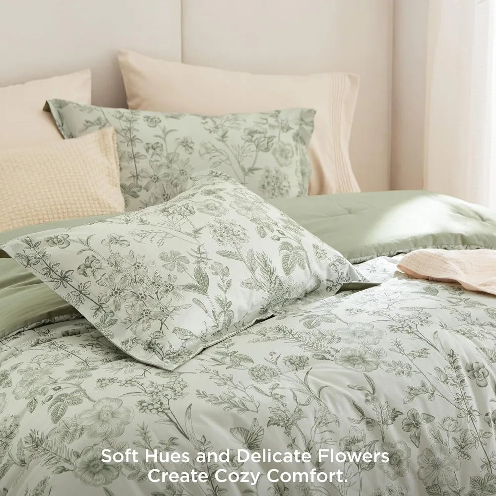King Size Floral Comforter Set – Sage Green (3-Piece)  100% Cotton & Microfiber Filled Bedding with Reversible Design