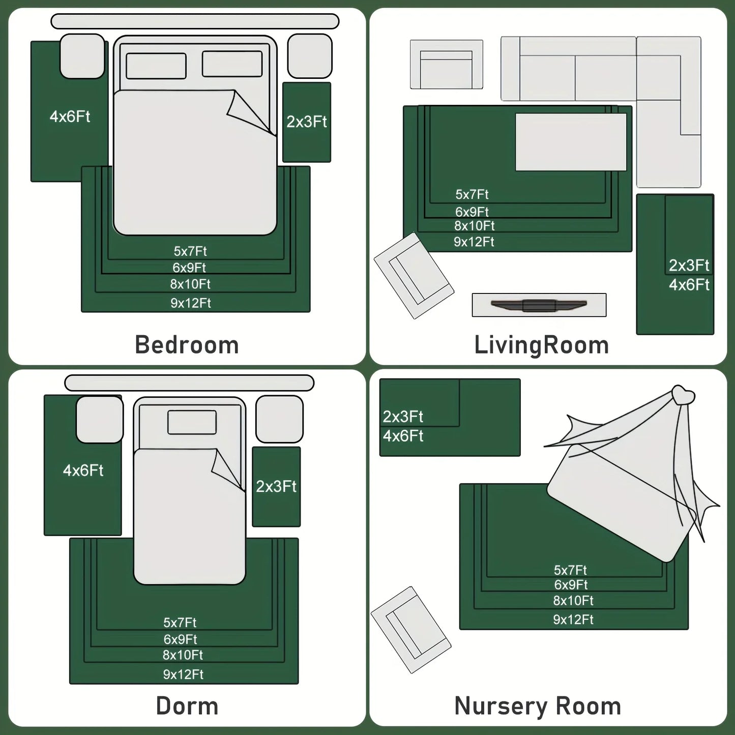 Dark Green Soft Shaggy Non-Slip Rug – Luxury Plush Carpet with 4 Rug Stickers