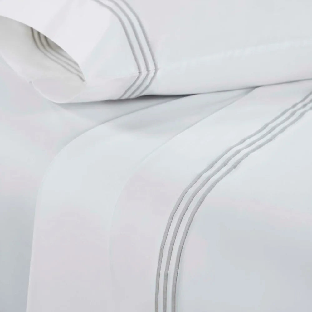King Size 100% Cotton Sheet Set – White with Silver Embroidery