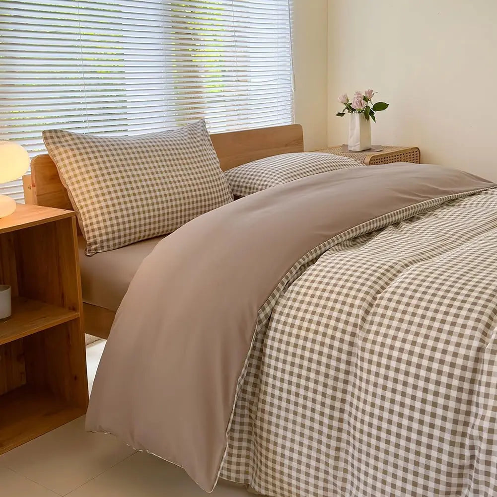Queen Gingham Plaid Duvet Cover Set – Tan Washed Microfiber, Soft & Lightweight Bedding