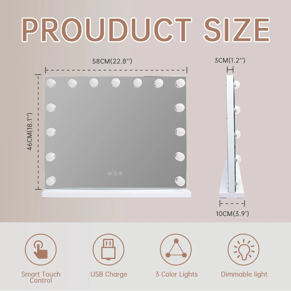 Lighted Vanity Mirror with 15 LEDs – Touch Control Tabletop & Wall Mount