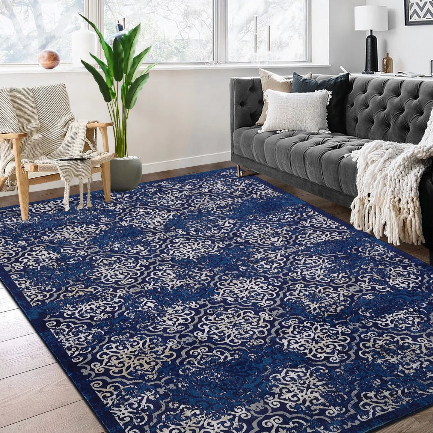 Soft Floral Washable Area Rug – Large Low Pile Carpet for Living Room or Bedroom