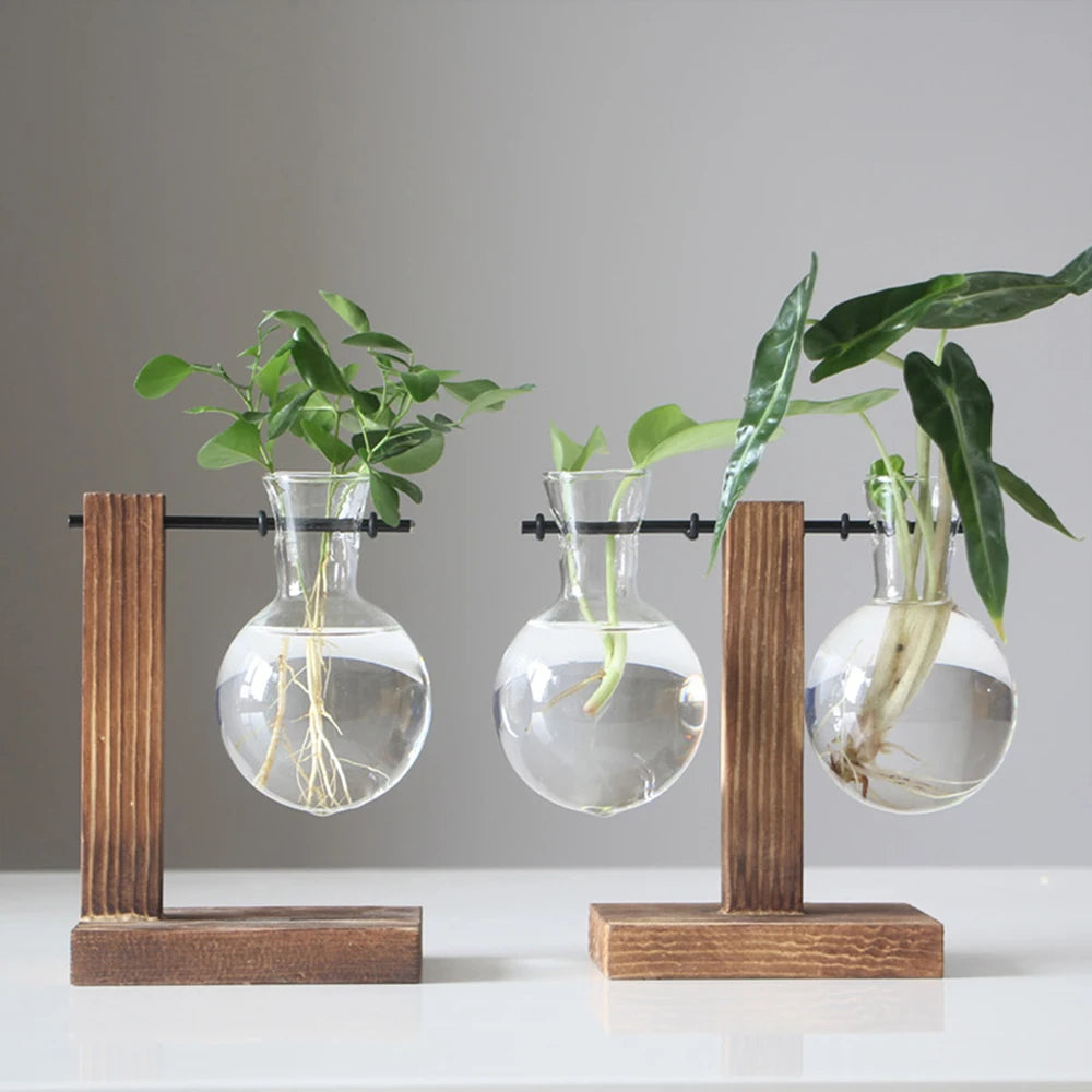 Vintage Wooden Terrarium Vase – Desktop Hydroponic Planter with Glass Bulb Design