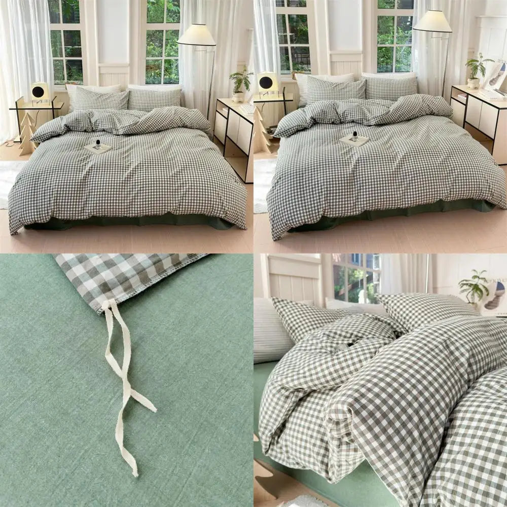 Queen Size Cotton Plaid Duvet Cover Set – Washed Green Gingham 3-Piece Bedding 🍃🛏️