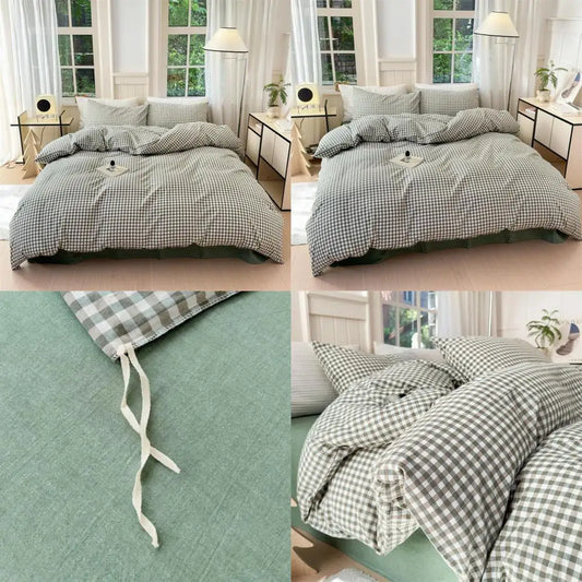 Queen Size Cotton Plaid Duvet Cover Set – Washed Green Gingham 3-Piece Bedding 🍃🛏️