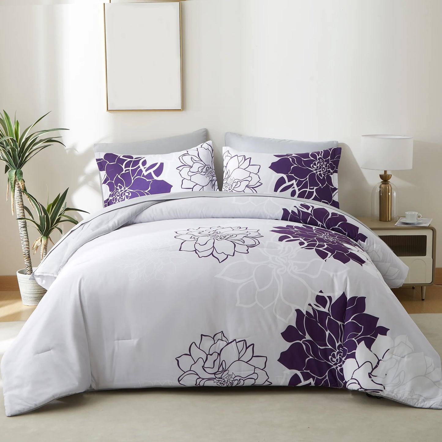Comforter Set - 7 Pieces Floral Bedding Sets with Reversible Botanical Flowers Comforter, Sheets, Pillowcases & Shams