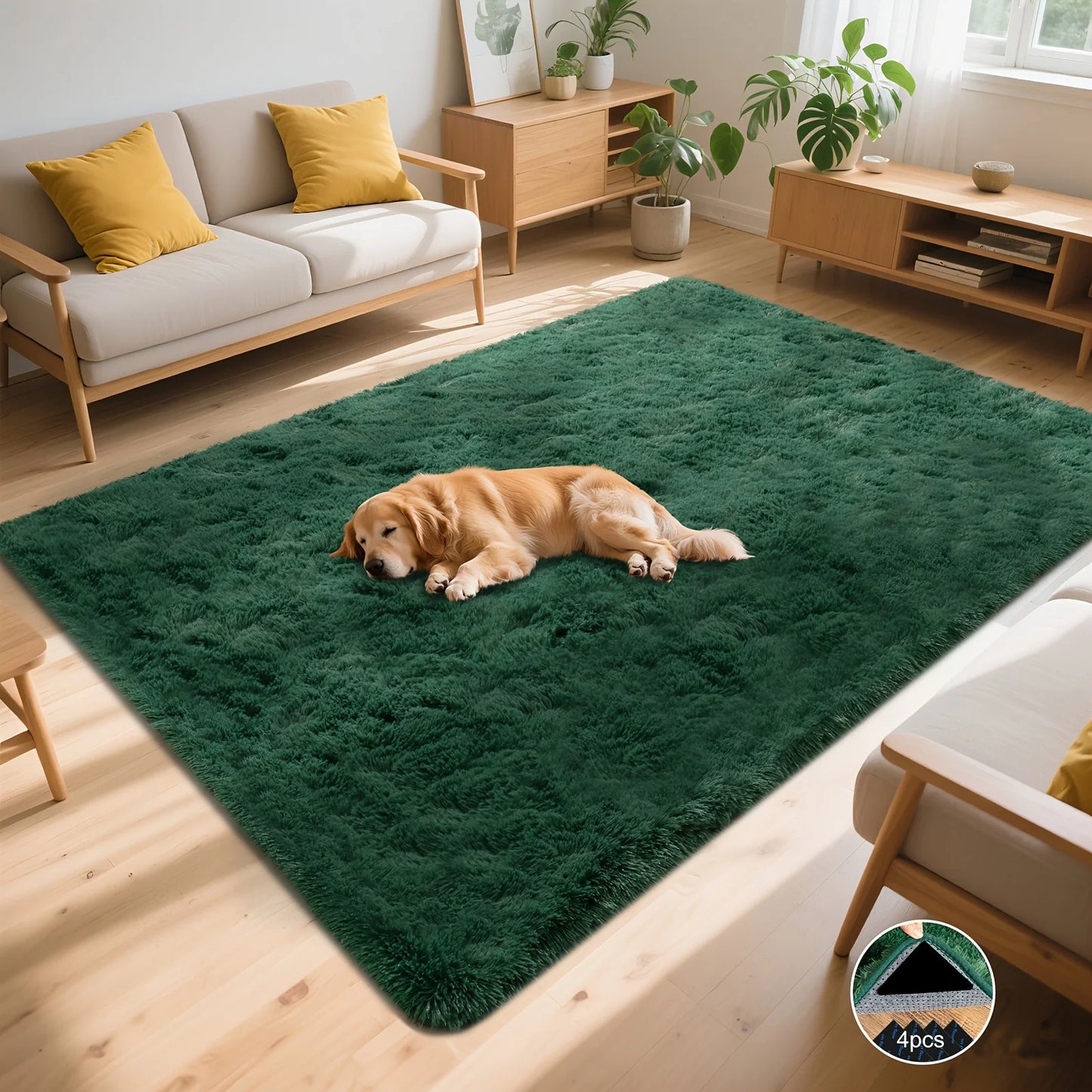 Dark Green Soft Shaggy Non-Slip Rug – Luxury Plush Carpet with 4 Rug Stickers