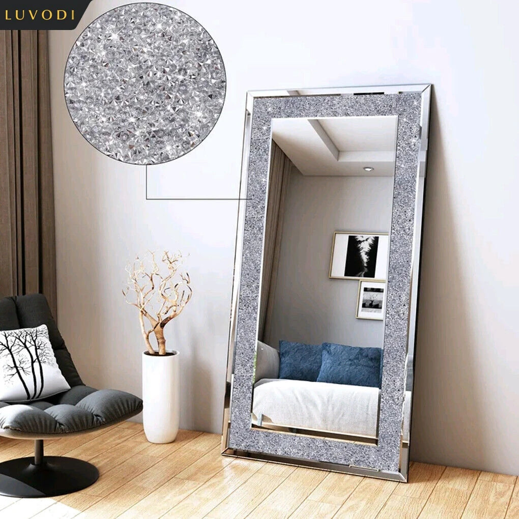 Large Silver Crystal Diamond Wall Mirror – Sparkly Rhinestone Vanity Mirror for Bedroom, Bathroom, Living Room & Hotel Decor
