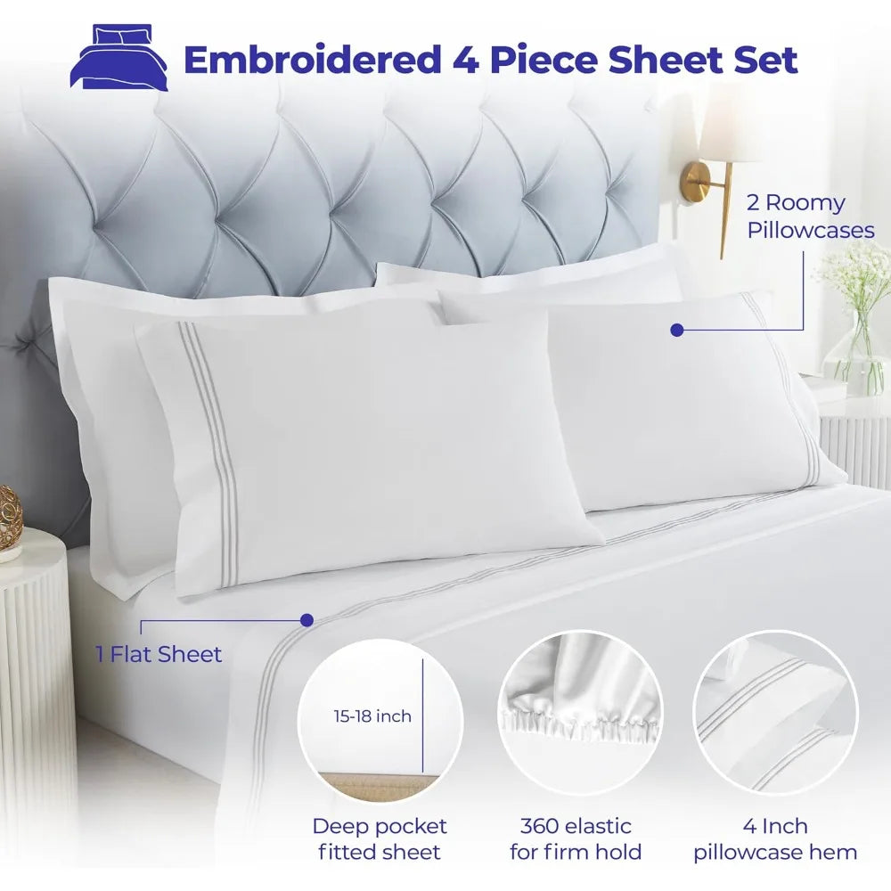 King Size 100% Cotton Sheet Set – White with Silver Embroidery