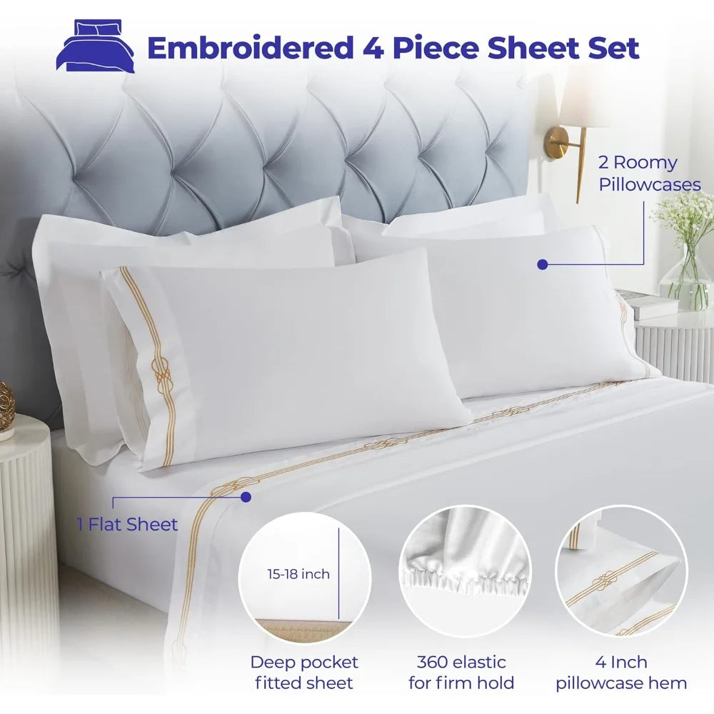 Luxury Cotton Bed Sheet Set – Queen Size, White & Gold Sateen