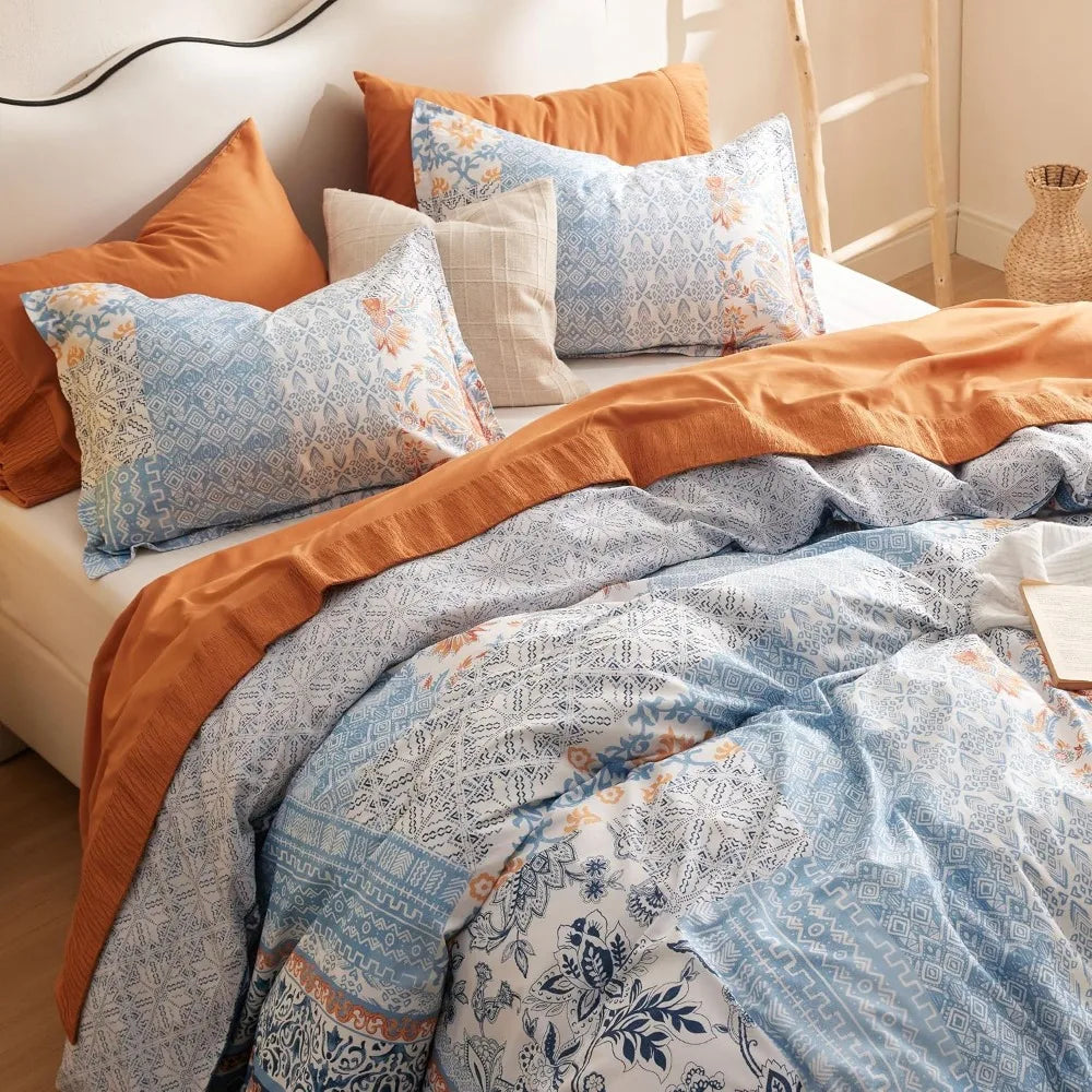Queen Cotton Floral Duvet Cover Set – 3-Piece Reversible Soft Breathable Bedding with Zipper Closure